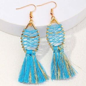 Boho Fish-Shaped Woven Thread Tassel Earrings
